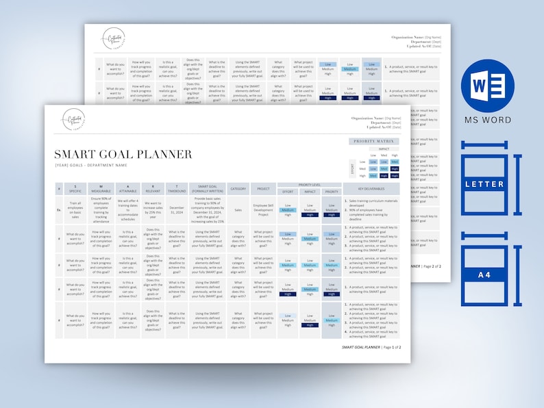 May include: A SMART Goal Planner worksheet with a blue and white color scheme. The worksheet is divided into columns with headings such as "Specific", "Measurable", "Attainable", "Relevant", "Timebound", "SMART Goal Formally Written", "Category", "Project", "Effort", "Impact", "Priority", and "Priority Matrix".