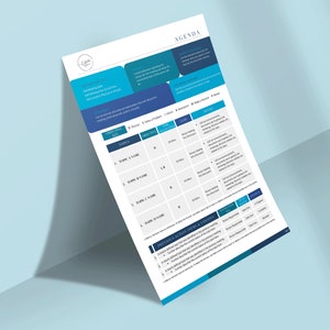 May include: A white agenda sheet with blue and teal accents, featuring a detailed meeting outline. The document includes sections for topics, time, and lead, with the word "AGENDA" at the top. The sheet is angled against a light blue background.