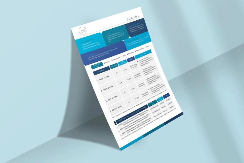 May include: A white agenda sheet with blue and teal accents, featuring a detailed meeting outline. The document includes sections for topics, time, and lead, with the word "AGENDA" at the top. The sheet is angled against a light blue background.
