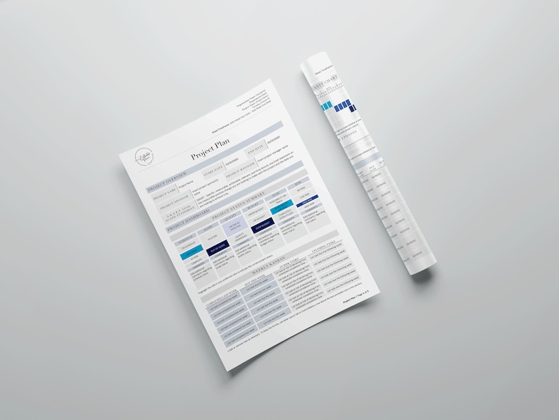 Puede incluir: Un documento de plan de proyecto con un esquema de color azul y blanco. El documento incluye secciones para la descripci&oacute;n general del proyecto, el tablero del proyecto, el estado del proyecto y las tareas semanales. El documento tambi&eacute;n incluye un diagrama de Gantt.