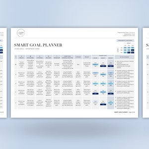 May include: A blue and white SMART GOAL PLANNER template with a priority matrix, a table for setting SMART goals, and the text "SMART GOAL PLANNER" in a blue box.