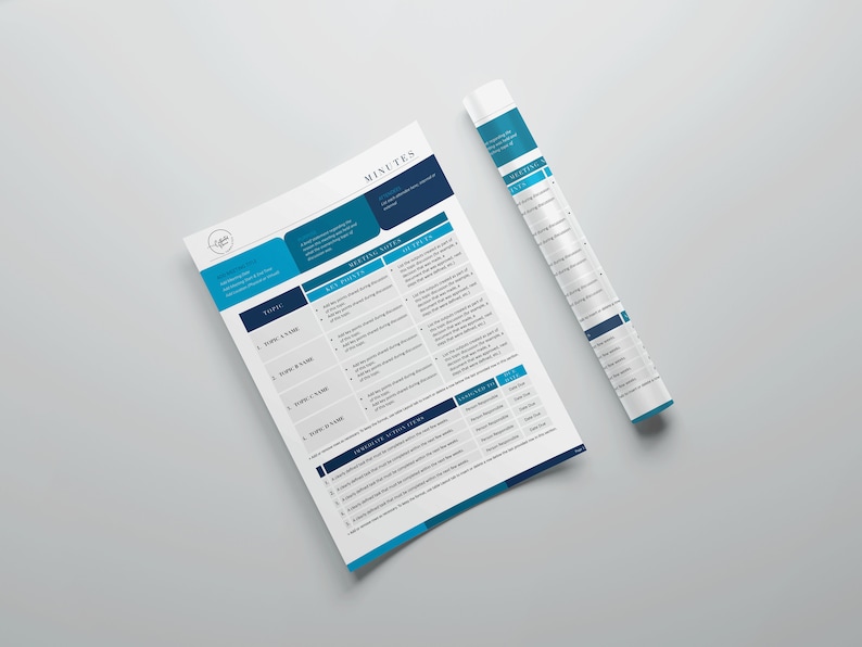 May include: A white and blue document titled "MINUTES" with a matching rolled-up document. The documents have a modern design with blue accents and a clean layout. The text includes headings and bullet points.