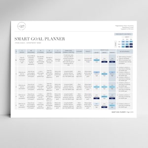 May include: A blue and white SMART GOAL PLANNER worksheet with a priority matrix and key deliverables. The worksheet is designed to help set and track goals using the SMART method.