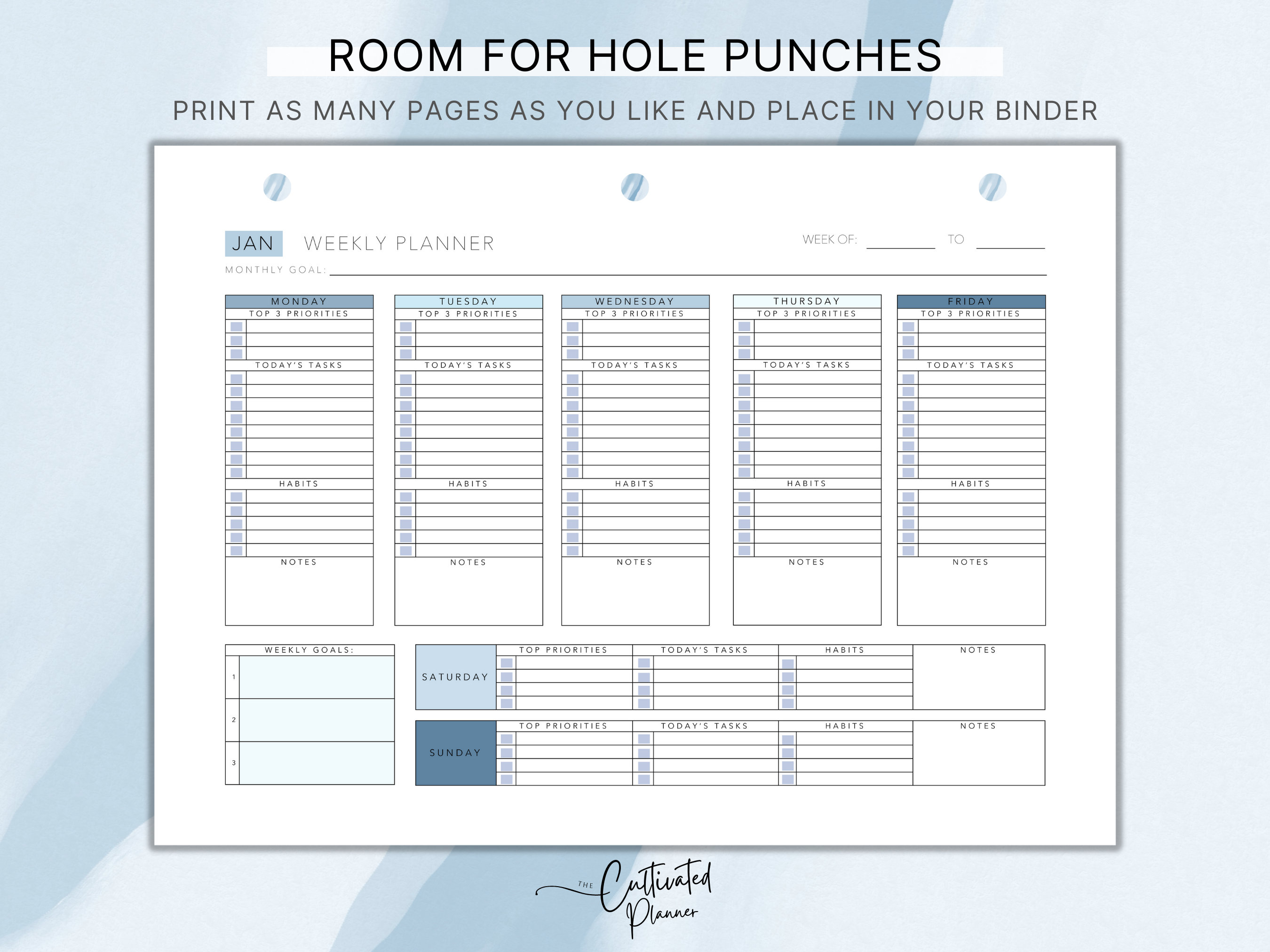 Blue Weekly Planner, Minimalist Weekly Schedule, Week at a Glance ...