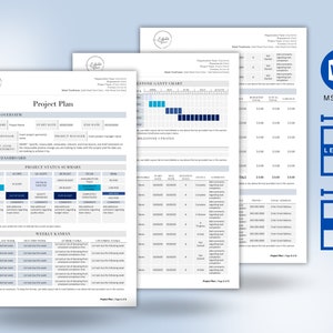 May include: A project plan template in Microsoft Word. The template includes sections for project overview, project dashboard, project status summary, weekly kanban, milestone gantt chart, and resource allocation. The template is designed for A4 paper size.