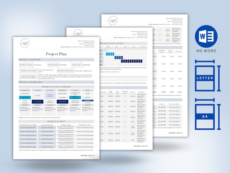 Puede incluir: Una plantilla de plan de proyecto en Microsoft Word. La plantilla incluye secciones para la descripci&oacute;n general del proyecto, el panel de control del proyecto, el resumen del estado del proyecto, el kanban semanal, el diagrama de Gantt de hitos y la asignaci&oacute;n de recursos. La plantilla est&aacute; dise&ntilde;ada para el tama&ntilde;o de papel A4.