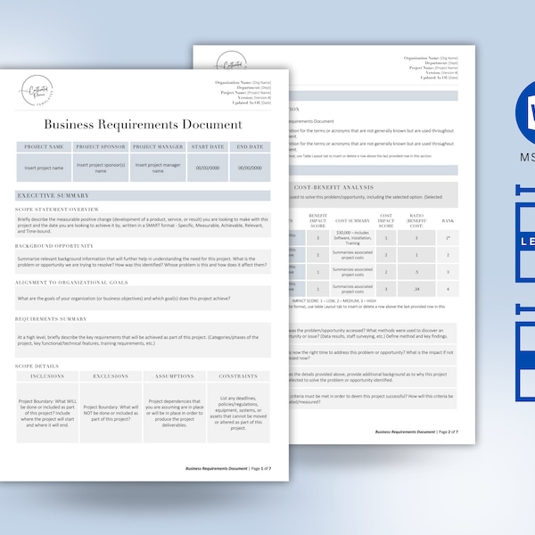 BRD, Business Requirements Document, Project Management Template, Deliverable, Project Scope, Business Rules Template, Requirements Template