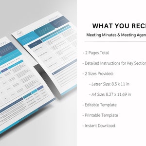 May include: Two documents titled "Agenda" and "Minutes" with a blue and white design. The text "WHAT YOU RECEIVE" is at the top, followed by "Meeting Minutes & Meeting Agenda Package". The documents are letter size 8.5 x 11 in and A4 size 8.27 x 11.69 in.