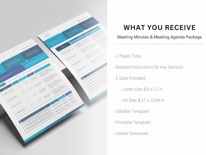 May include: Two documents titled "Agenda" and "Minutes" with a blue and white design. The text "WHAT YOU RECEIVE" is at the top, followed by "Meeting Minutes & Meeting Agenda Package". The documents are letter size 8.5 x 11 in and A4 size 8.27 x 11.69 in.