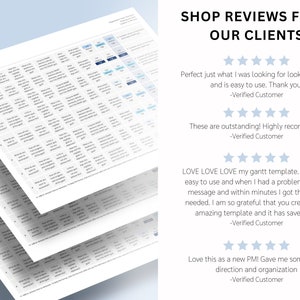 May include: A screenshot of a website with customer reviews for a Gantt chart template. The reviews are all positive and highlight the ease of use and helpful customer service. The text includes phrases like "LOVE LOVE LOVE", "easy to use", "highly recommend", and "saved me".