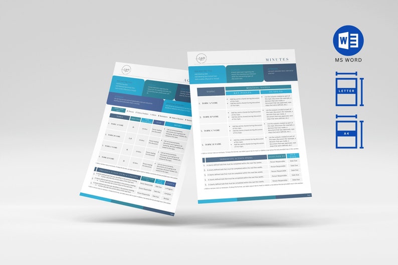 May include: Two white documents with blue and teal accents, labeled "Minutes" and "Agenda". The documents include tables and text. Icons for MS Word, Letter, and A4 paper sizes are also visible.