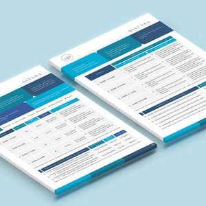 May include: Two white documents with blue and teal accents, labeled "Agenda" and "Minutes." The documents feature detailed lists, tables, and text, with a light blue background. The documents are angled, giving a 3D perspective.