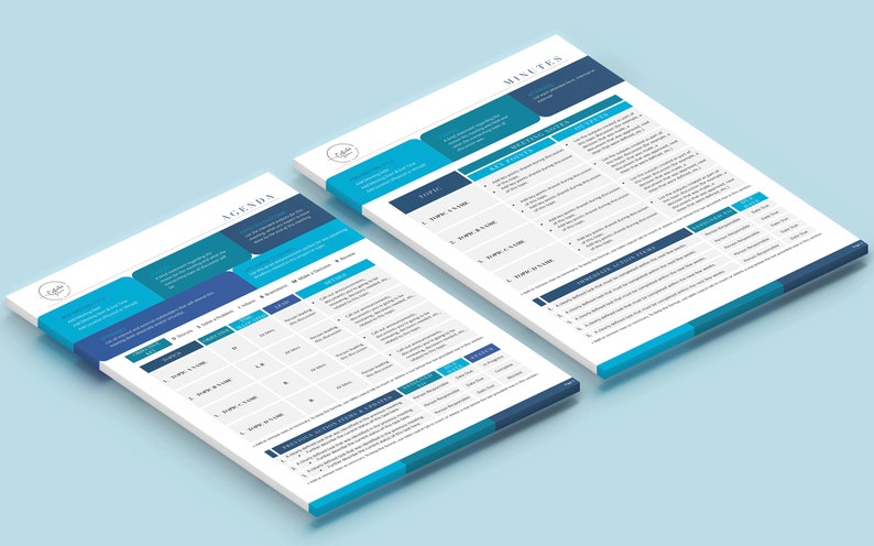 May include: Two white documents with blue and teal accents, labeled "Agenda" and "Minutes." The documents feature detailed lists, tables, and text, with a light blue background. The documents are angled, giving a 3D perspective.