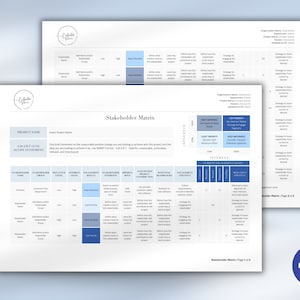 May include: A blue and white stakeholder matrix template with the title "Stakeholder Matrix". The matrix includes columns for stakeholder group, influence level, engagement level, current engagement level, project board, and strategy for engaging.