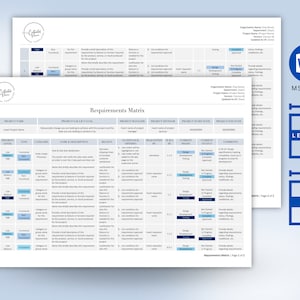 May include: A requirements matrix template for project management. The matrix includes columns for requirement ID, priority level, type, category, name and description, reason, acceptance criteria, current phase, current status, and to-do. The template is designed for use in Microsoft Word.