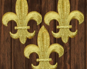 Large Fleur De Lis Iron On Patch 3-Pack, Metallic Gold Cross Embroidered Applique Badge for Jackets, Hats, Bags, French Symbol Patch 2.5"