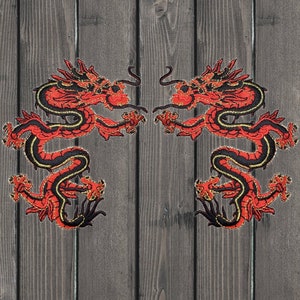Red Dragon Iron On Patch Set, 2-Pack of 4.5&quot; Embroidered Applique Badges for Jackets, Backpacks, Power Symbol Decor, Fantasy Gift Patch