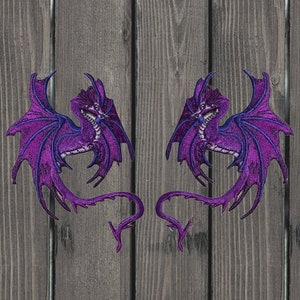 Purple Dragon Iron On Patch 2-Pack, Fantasy Good Luck & Strength Embroidered Applique Badge for Jackets, Hats, Bags – Mythical Patch 4&quot;