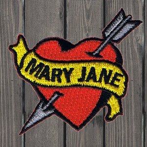 May include: A red heart with an arrow through it and a yellow banner that says "MARY JANE".