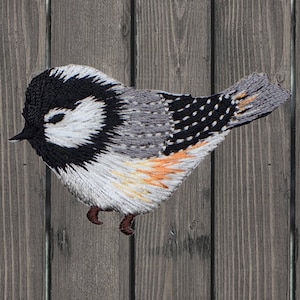 Chickadee Embroidered Patch, Iron On, Grey Yellow Bird Applique, Cute Songbird Badge, Patch for Jacket Backpack Hat, 2.25 Inch Collectible