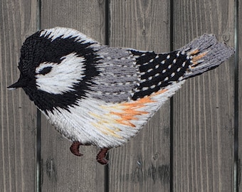 Chickadee Embroidered Patch, Iron On, Grey Yellow Bird Applique, Cute Songbird Badge, Patch for Jacket Backpack Hat, 2.25 Inch Collectible