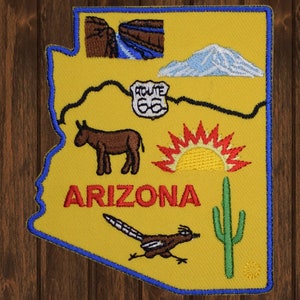 Parche de mapa de Arizona, parche termoadhesivo de Arizona, parche de la Ruta 66 del Gran Cañón, parche de correcaminos de cactus de Arizona, recuerdo de viaje por el desierto, parche de mochila