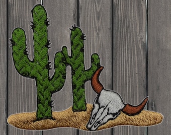 Iron-On Cactus Patch: Western Saguaro & Bull Skull Design
