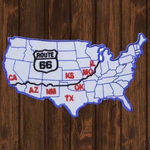 Geborduurde Route 66-patch, 4,625" opstrijkbare kaart van de Verenigde Staten, badge historische roadtrip, patch bikervest, Americana Collectible