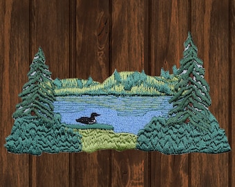 Parche bordado de colimbo buceador de estanque, 10 cm, termoadhesivo, aplique con escena natural, parche de pato, insignia de fauna silvestre, parche de ave de lago, aventura al aire libre