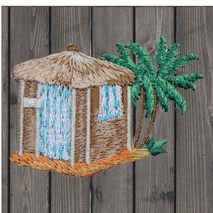 Beach Hut Iron On Patch 2.75&quot;, Embroidered Thatch Roof Palm Tree Applique Badge for Ocean Lovers, Jackets, Bags, Tropical Travel Gift