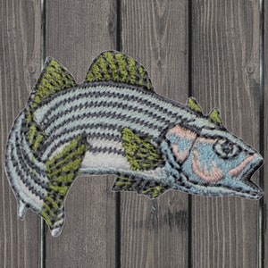 Striped Bass Iron On Patch, Fishing Fish Embroidered Applique Badge for Jackets, Hats, Bags, Fisherman Outdoor Hobby Patch 2&quot;