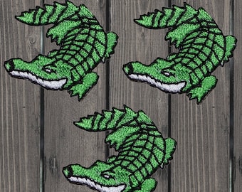 Alligator Embroidered Patch 3-Pack, 1.375" Iron On Crocodile Applique, Small Gator Badge, DIY Animal Patch for Jackets, Hats or Bags