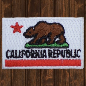 Mini California Embroidered Patch, 1.75&quot; Iron On CA Republic Flag with Grizzly Bear Applique Badge for Jackets, Backpacks, Hats, Travel Gear