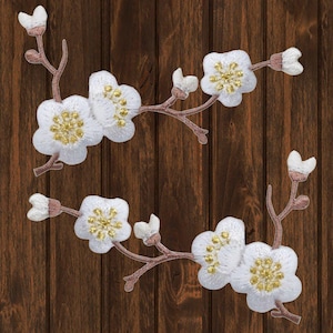 Cherry Blossom Embroidered Patch, 2-Pack Iron On Floral Applique, Sakura Branch Badge for Jackets, Backpacks, Hats, and DIY Crafts