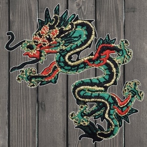 Green Dragon Embroidered Patch 3&quot; Iron On Badge Facing Left, Power Strength Good Luck Applique for Jackets Backpacks Hats Clothes Decor