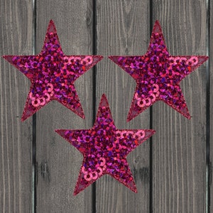 Sequin Star Embroidered Patch 3-Pack 1.5&quot; Iron On Fuchsia Pink Applique Badge for Jackets, Hats, Bags, Clothes, Sparkly Decor, Cute Gift