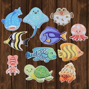 Sea Creatures Embroidered Patch Set 11-Pack Iron On, Ocean Beach Fish Badges, Marine Life Patches for Jackets, Backpacks, DIY Crafts