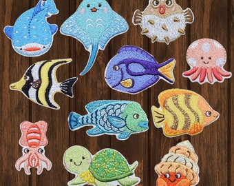 Sea Creatures Embroidered Patch Set 11-Pack Iron On, Ocean Beach Fish Badges, Marine Life Patches for Jackets, Backpacks, DIY Crafts