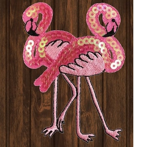 Flamingo Iron On Patch, 3.25&quot; Embroidered Pink Sequin Bird Pair Applique Badge for Jackets, Bags, Tropical Decor, Bird Lovers, DIY