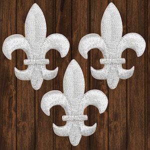 Parche bordado de flor de lis mediano de 1,75 in para planchar, aplique plateado metalizado, paquete de 3, elegante parche artesanal para chaquetas y bolsos