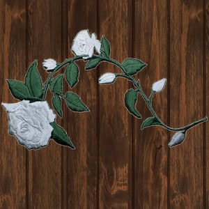Large White Rose Embroidered Patch 5.5&quot; Iron On, Long Stem Flower Bloom Badge, Elegant Floral Applique for Jackets, Bags, Hats