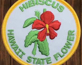 Hawaii Iron On Patch, Hibiscus Flower & Aloha Embroidered Applique Badge for Jackets, Hats, Bags, Backpacks, Tropical Patch 3"