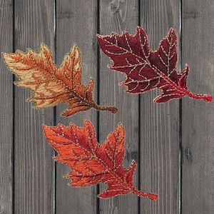 Autumn Fall Leaf Iron On Patch 3-Pack 2.875&quot;, Embroidered Oak Leaves Applique in Orange, Tan, Burgundy for Jackets, Bags, Fall Decor