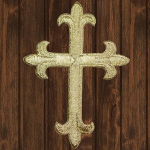 Cross Patch 4&quot;, Iron On Christian Applique, Metallic Gold Jesus Church Badge, Religious Embroidered Faith Symbol, Collectible Gift