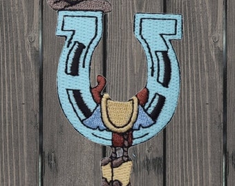 Western Iron On Patch, 3.13" Embroidered Horseshoe Cowboy Boots Saddle Applique for Jackets, Bags, Rodeo Country Badge Collectible Gift