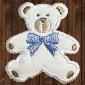 Teddy Bear Iron On Patch, 2.38" Embroidered Applique with Blue Bow for Jackets, Bags, Backpacks, Stuffed Animal Badge Collectible Gift