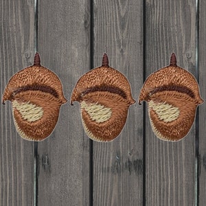 May include: Three brown embroidered acorn patches with a light brown center. The acorns are stitched with brown thread and have a raised texture.