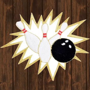 Bowling Embroidered Patch, 4&quot; Iron On Pins and Ball Applique, League Bowler Badge, Sports Jacket Patch, DIY Bowling Team Gift Decor