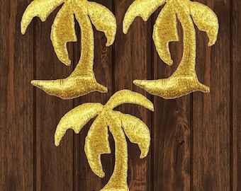 Gold Palm Tree Embroidered Patch Set, 3-Pack 1.375" Iron On Tropical Island Applique Badge for Jackets, Backpacks, Summer DIY Decor