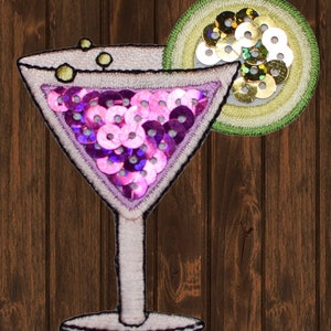 Cocktail Embroidered Sequin Patch, 2.625&quot; Iron On Martini Applique with Lime, Alcohol Drink Badge, Bartender Gift, Party Jacket Decoration